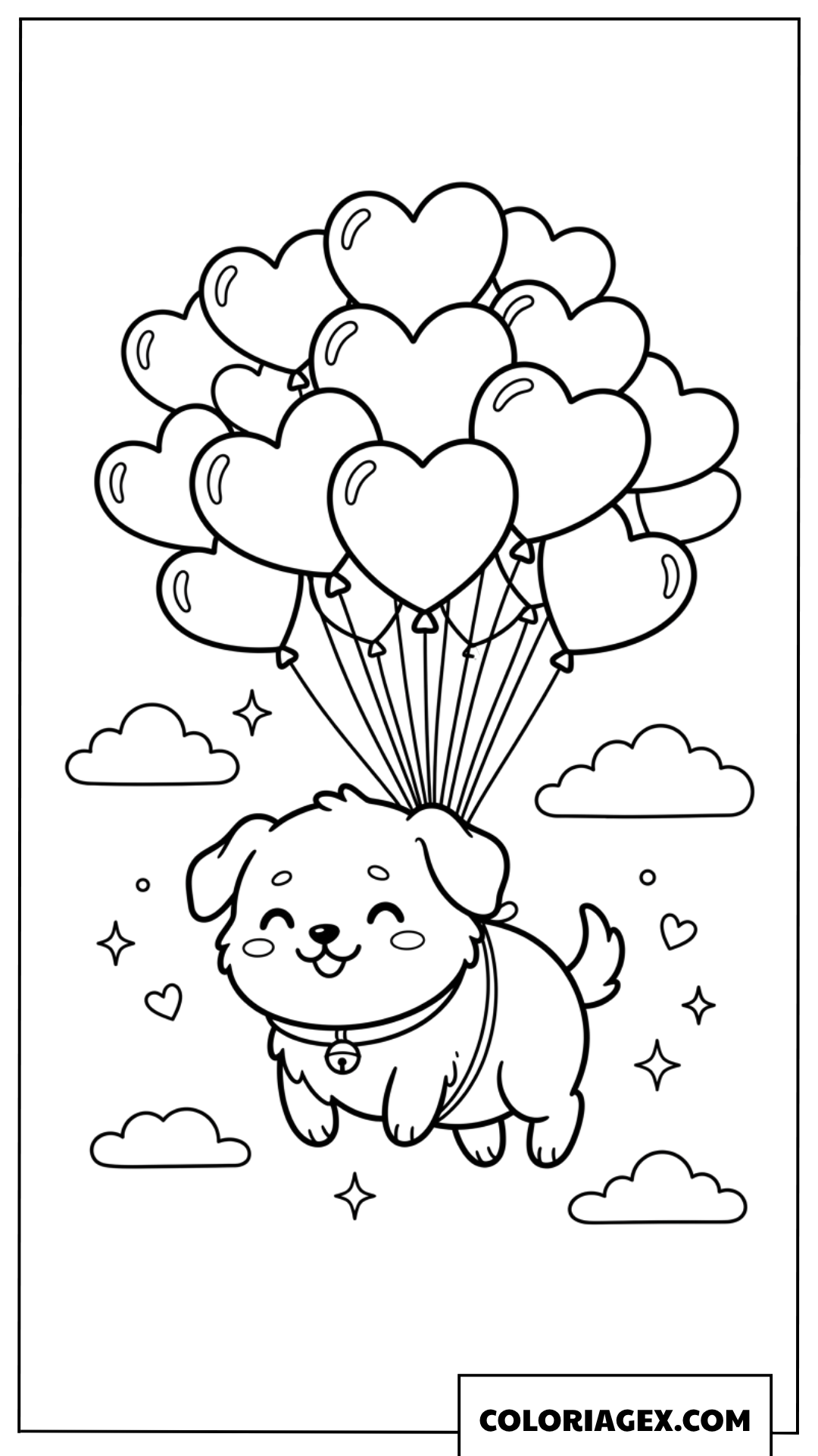 Coloriage d'un chiot volant avec des ballons cœurs