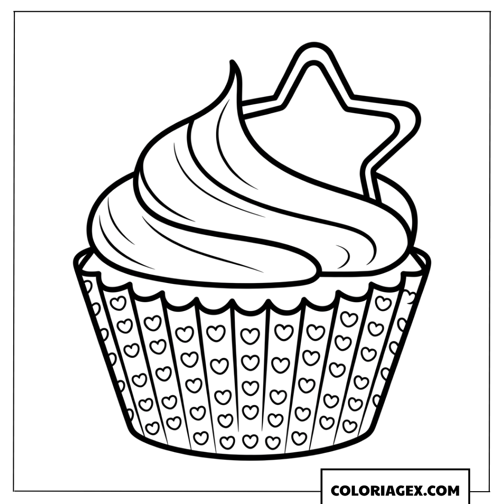 Coloriage d'un cupcake avec des motifs de cœurs sur la caissette