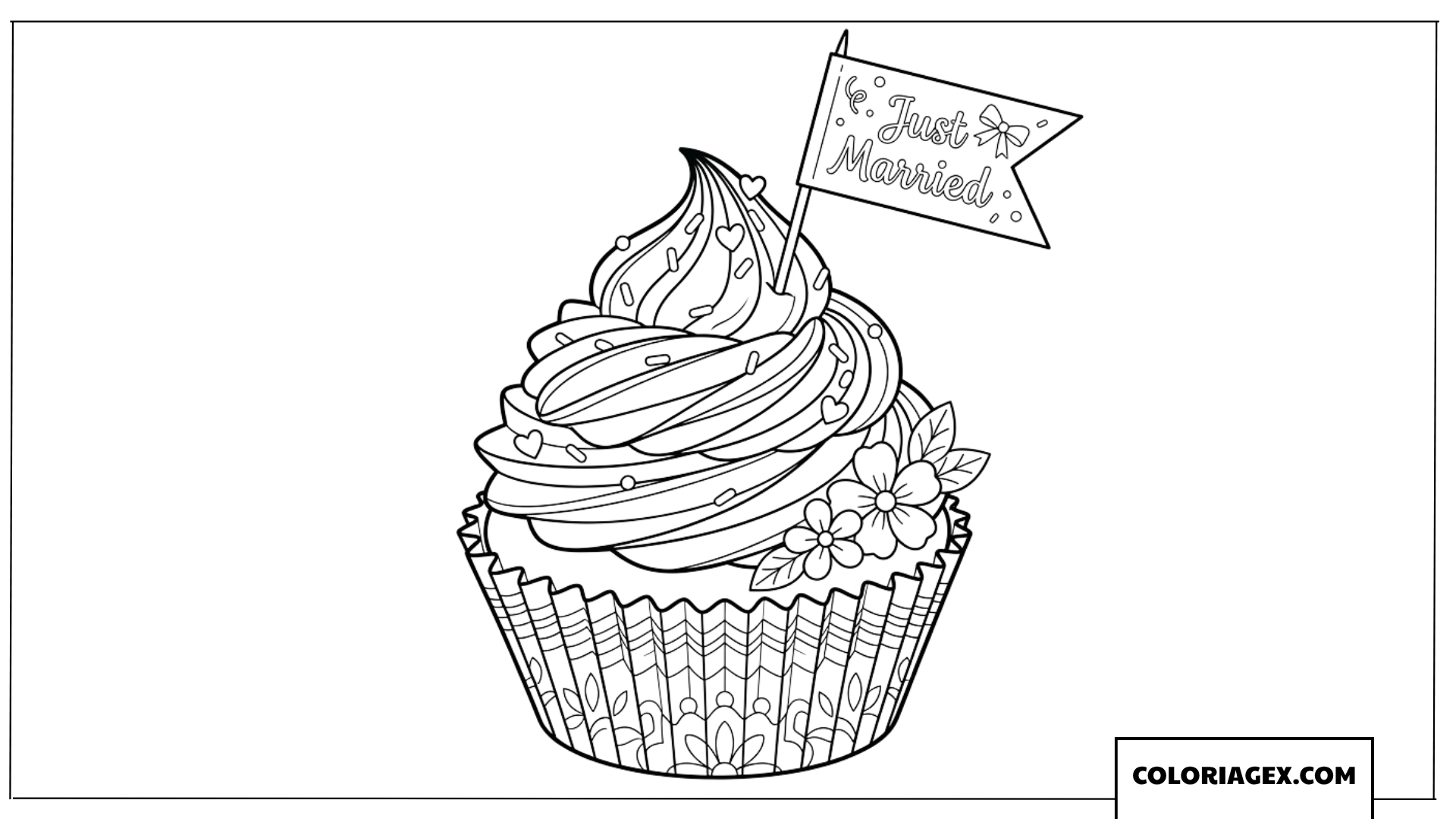 Coloriage d'un cupcake de mariage avec un drapeau