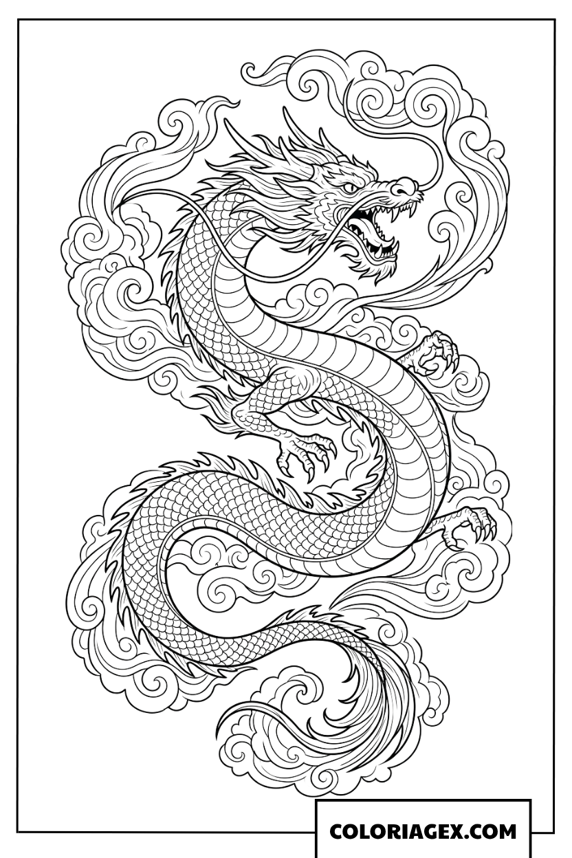 Coloriage d'un dragon oriental serpentant dans les nuages