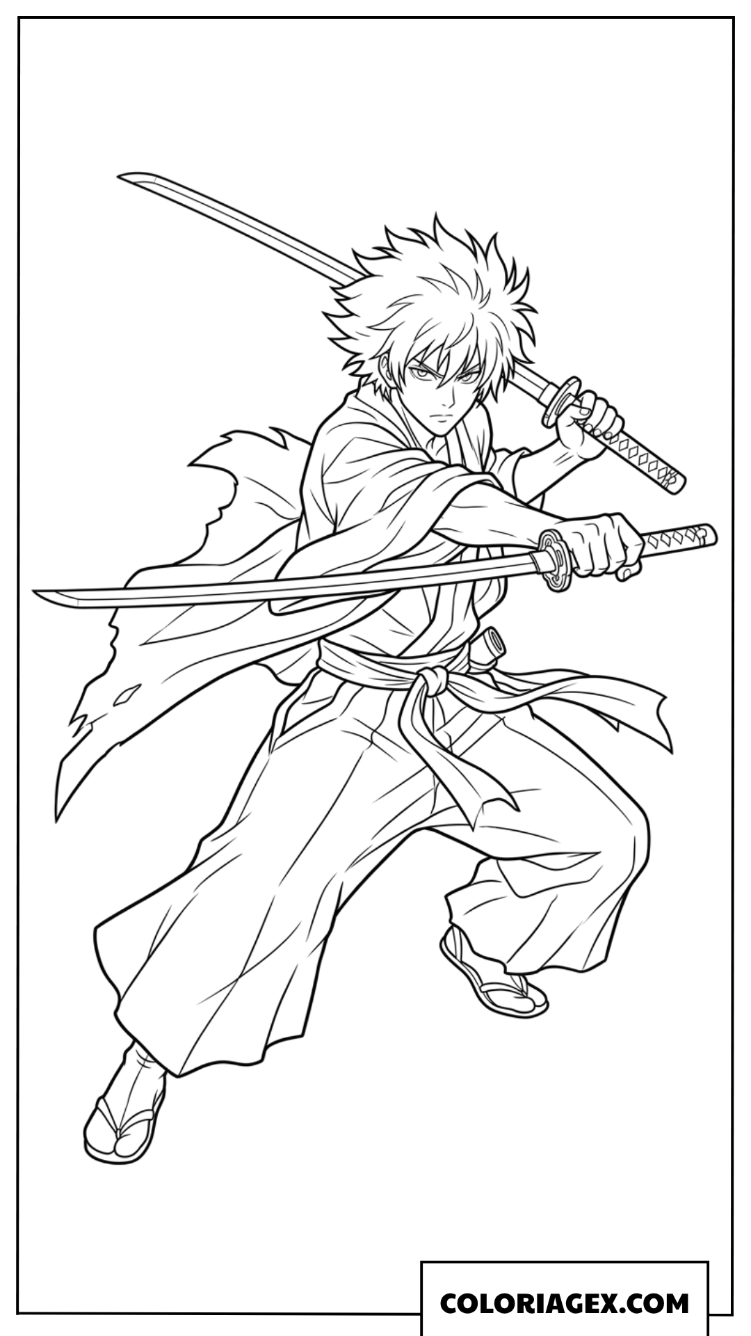 Coloriage d'un épéiste anime maniant deux katanas