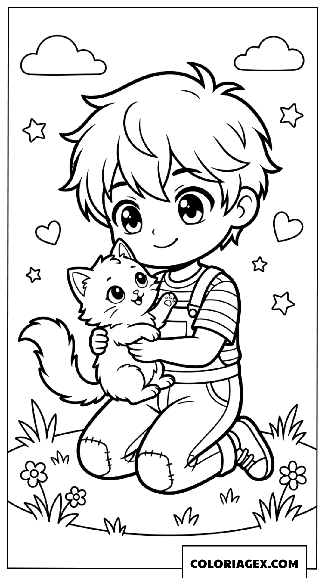 Coloriage dun garcon chibi tenant affectueusement un chaton
