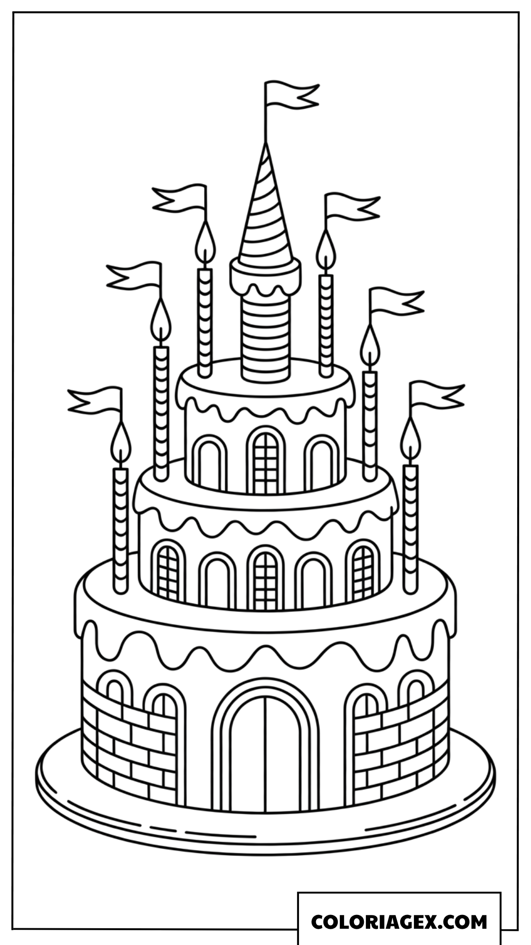 Coloriage d'un gâteau d'anniversaire en forme de château féerique