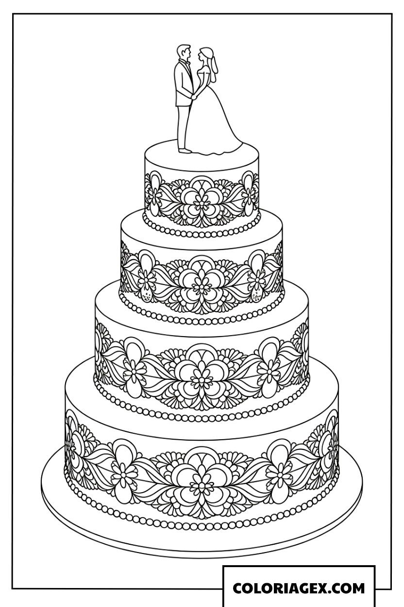 Coloriage d'un gâteau de mariage à quatre étages avec le couple
