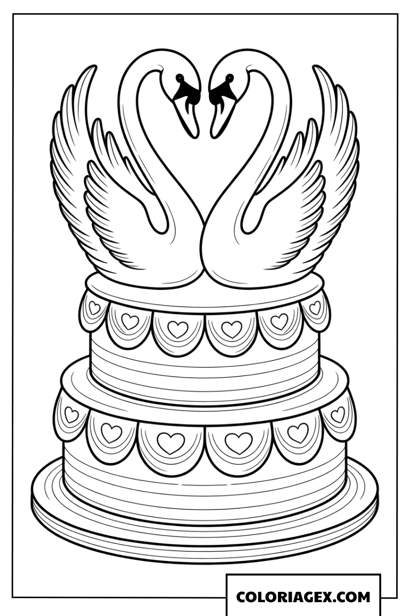 Coloriage d'un gateau de mariage avec deux cygnes amoureux