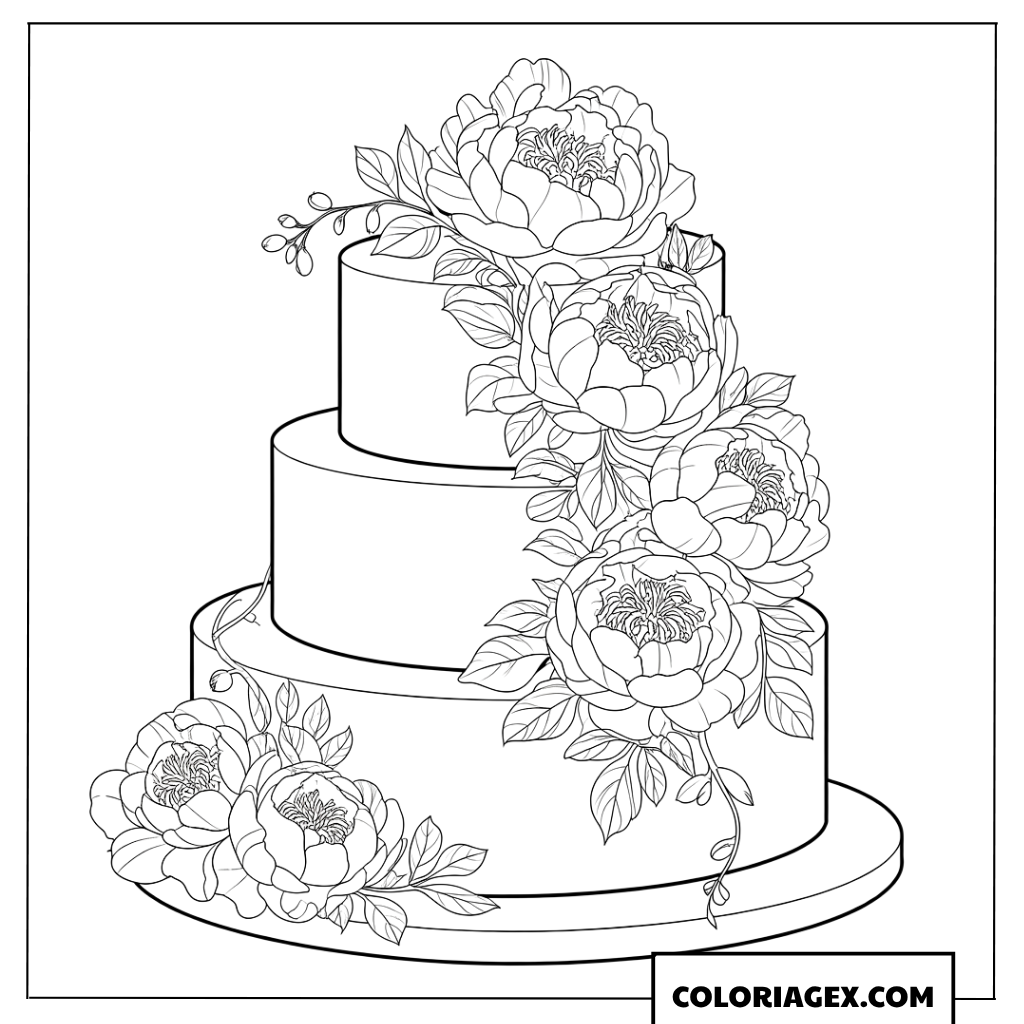 Coloriage d'un gateau de mariage elegant avec des pivoines