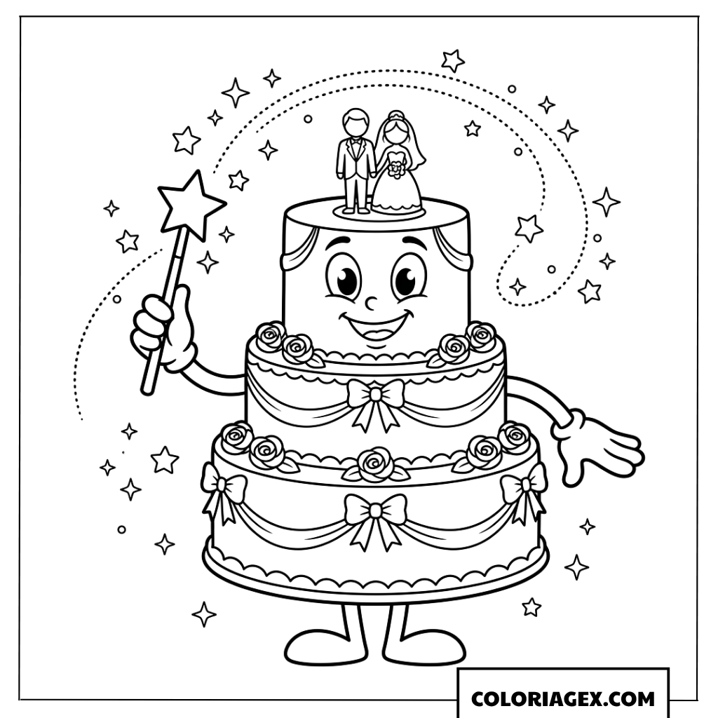 Coloriage d'un gateau de mariage magicien avec une baguette