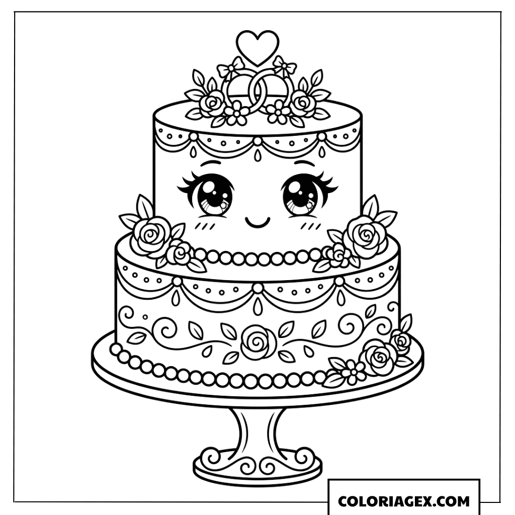 Coloriage d'un gateau de mariage mignon aux yeux expressifs