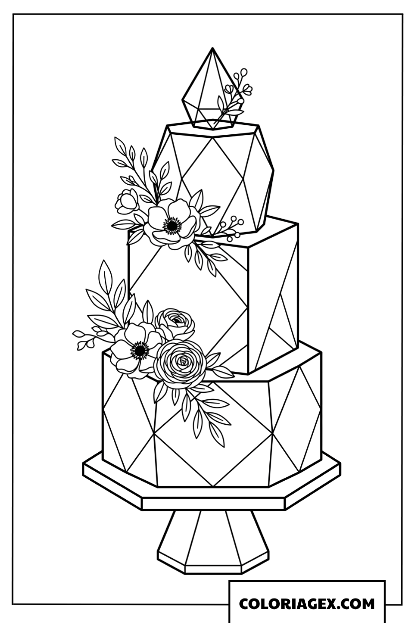 Coloriage d'un gâteau de mariage moderne aux formes géométriques