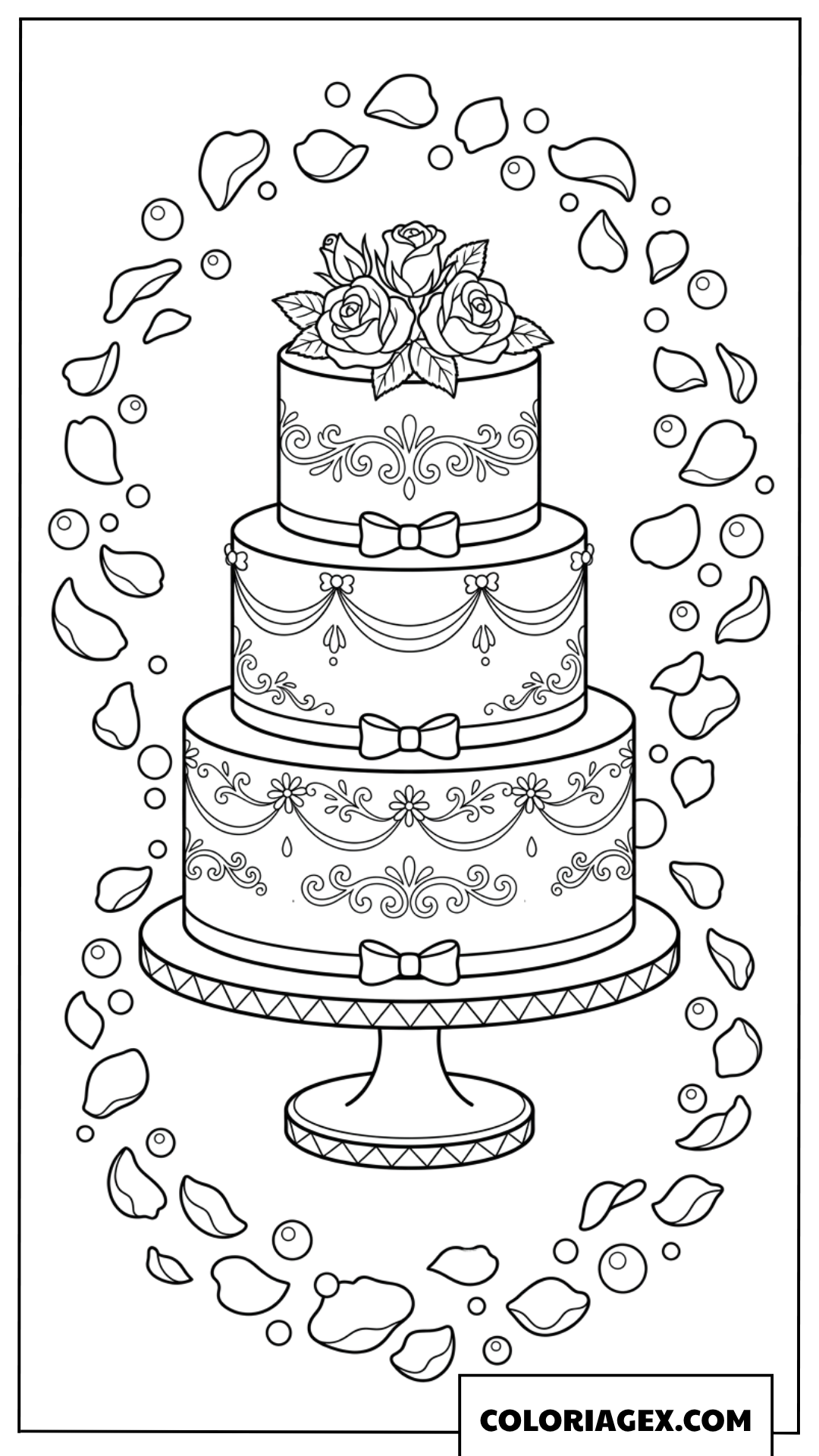 Coloriage d'un gateau de mariage romantique entoure de petales