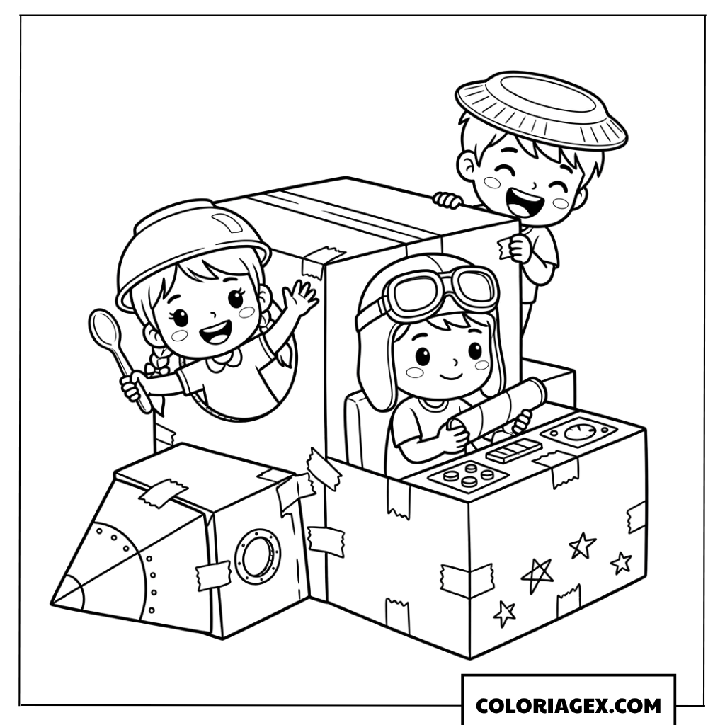 Coloriage d'un groupe d'amis chibi jouant dans un vaisseau en carton
