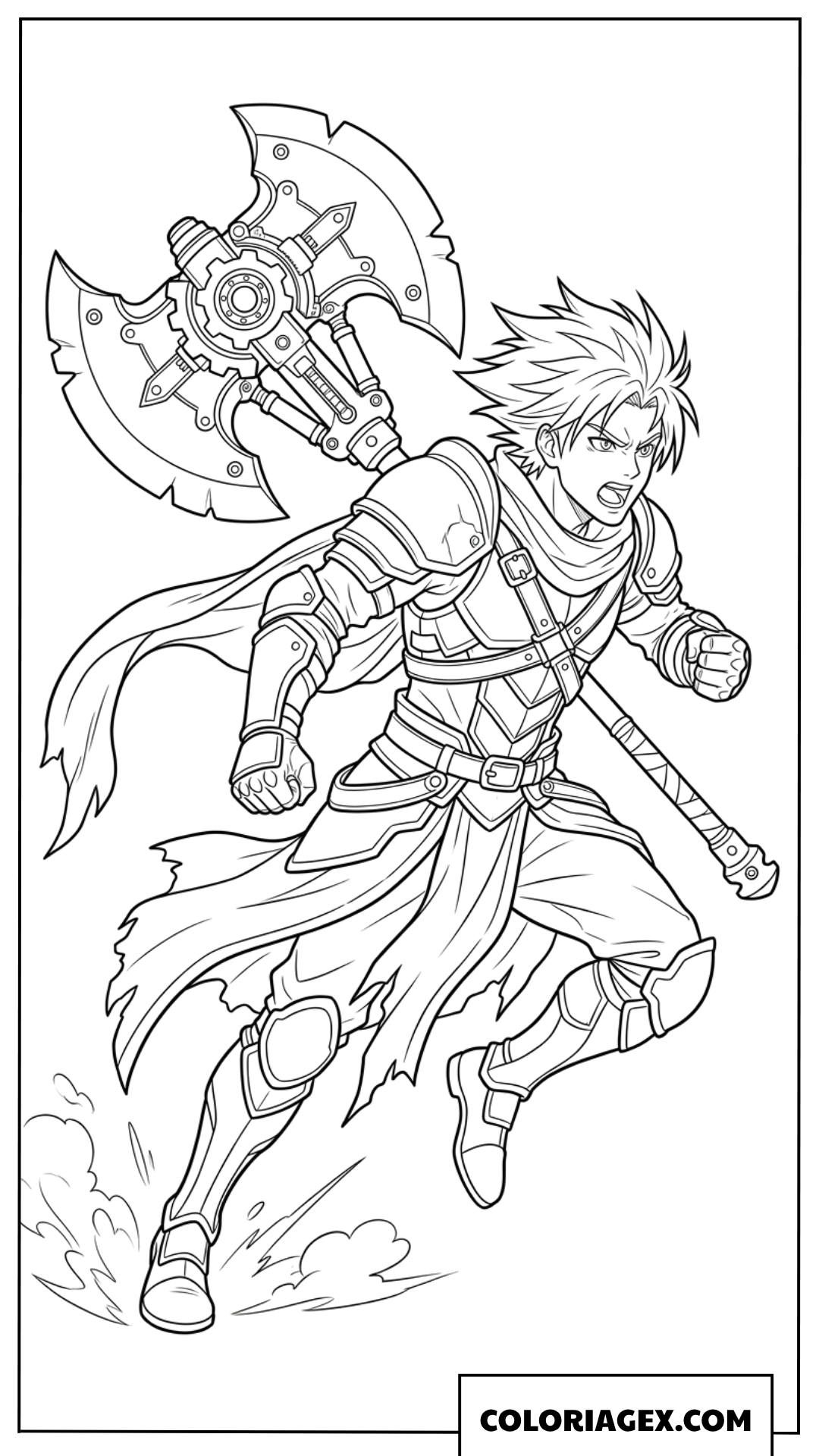 Coloriage d'un guerrier anime chargeant avec une hache