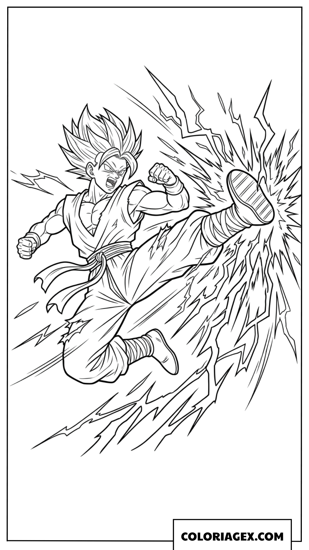 Coloriage d'un guerrier saiyan effectuant un coup de pied puissant