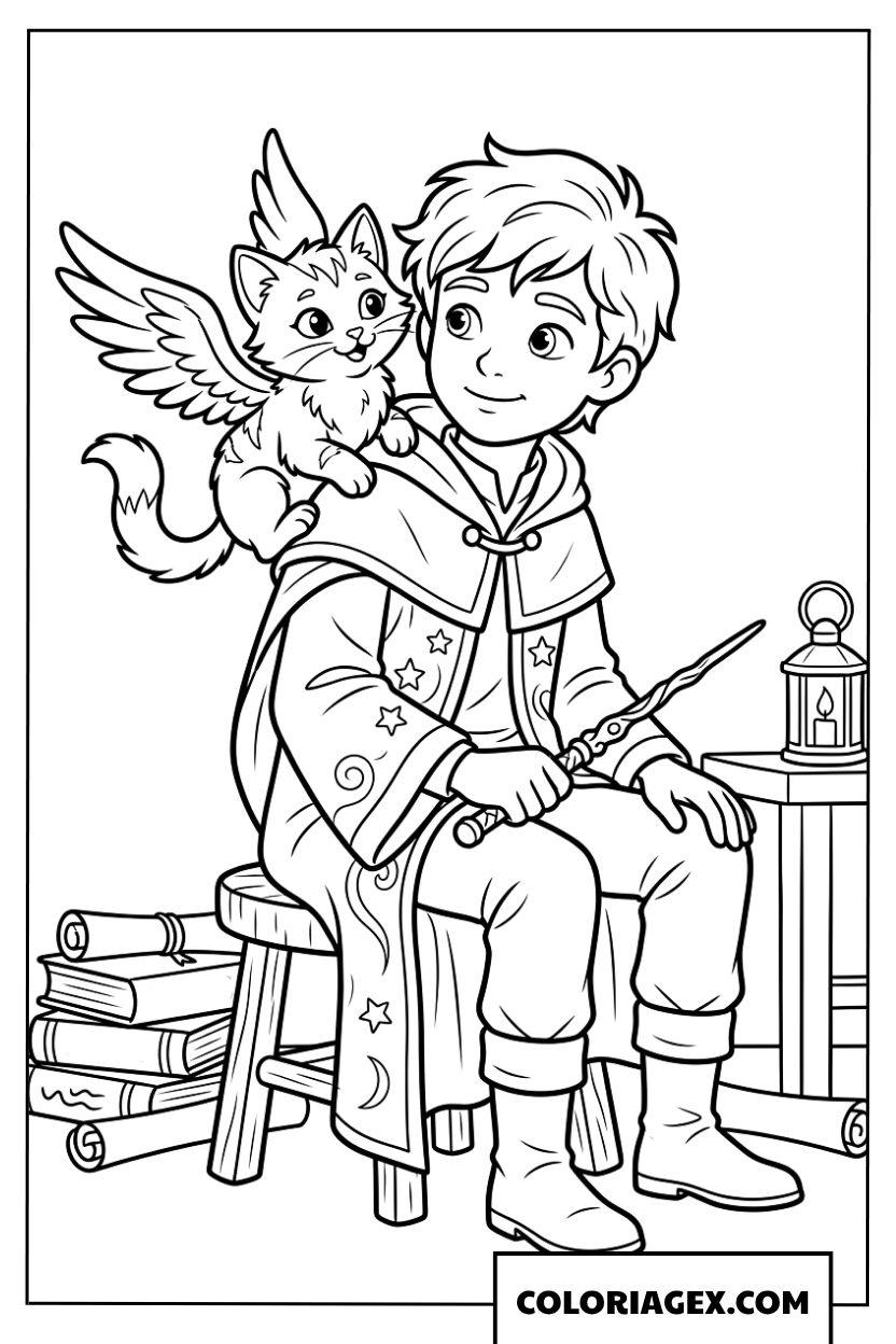 Coloriage d'un jeune sorcier et son chat ailé