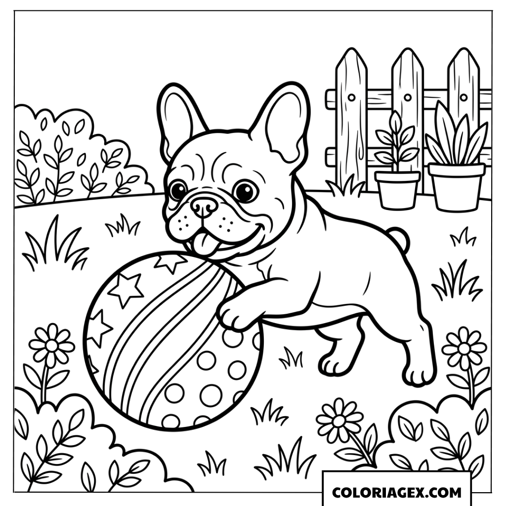 Coloriage d'un joyeux Bouledogue Français jouant avec un gros ballon