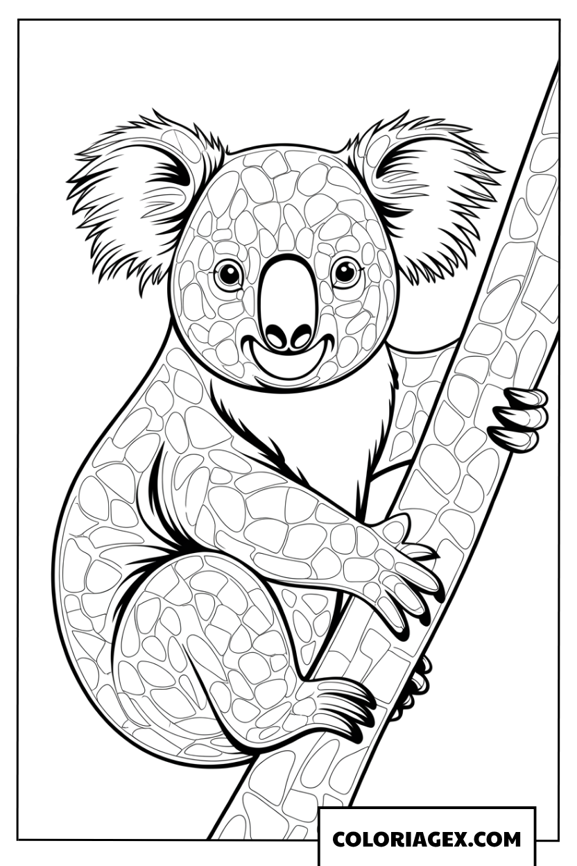 Coloriage dun koala avec des motifs geometriques sur un arbre