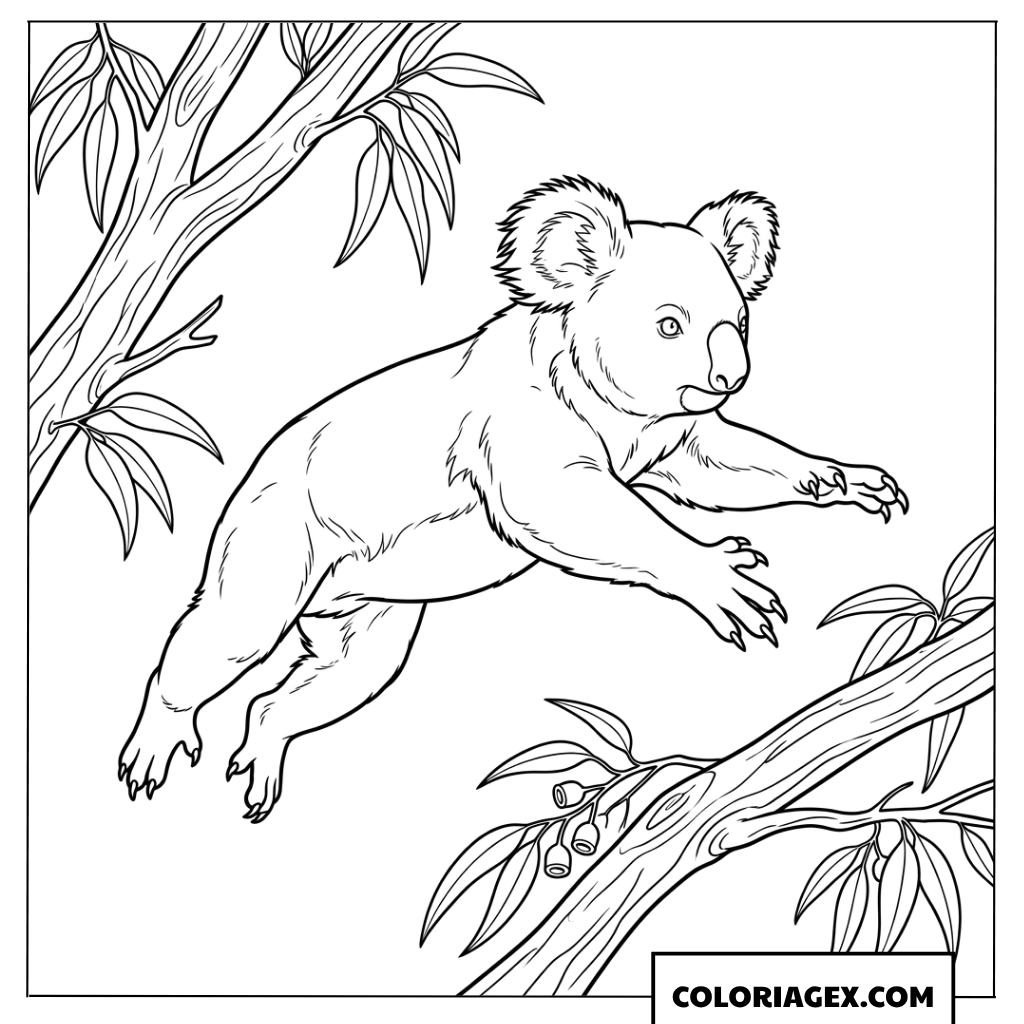 Coloriage dun koala en plein saut dans la foret