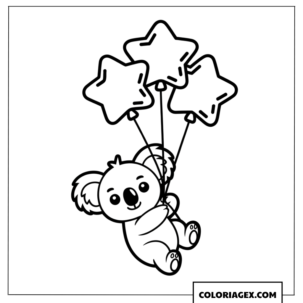 Coloriage dun koala volant avec des ballons étoiles