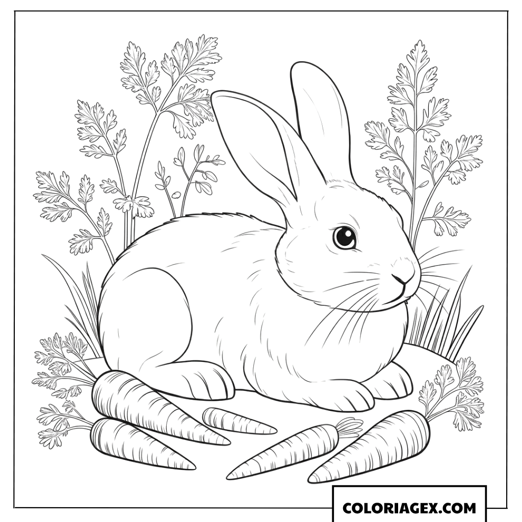 Coloriage d'un lapin adorable dans un potager de carottes fraîches