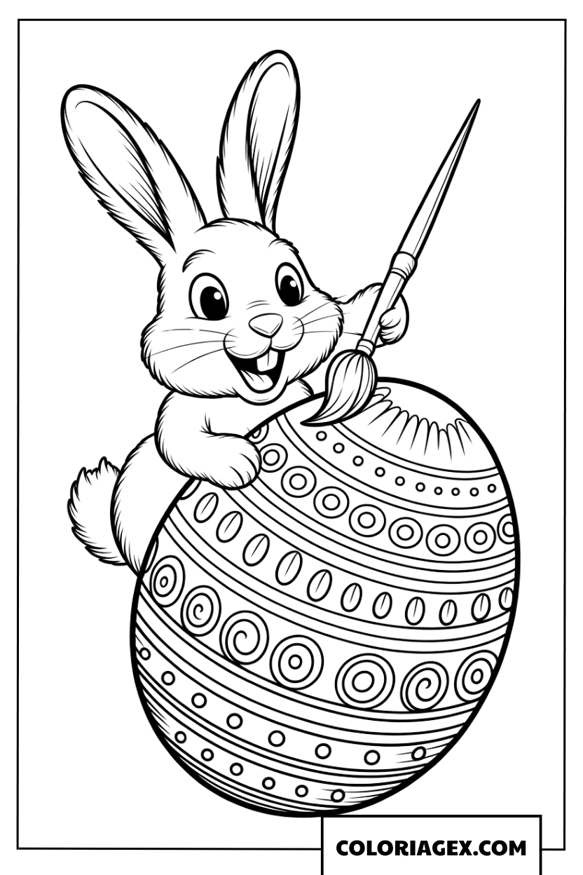 Coloriage d'un lapin artiste peignant un œuf de Pâques