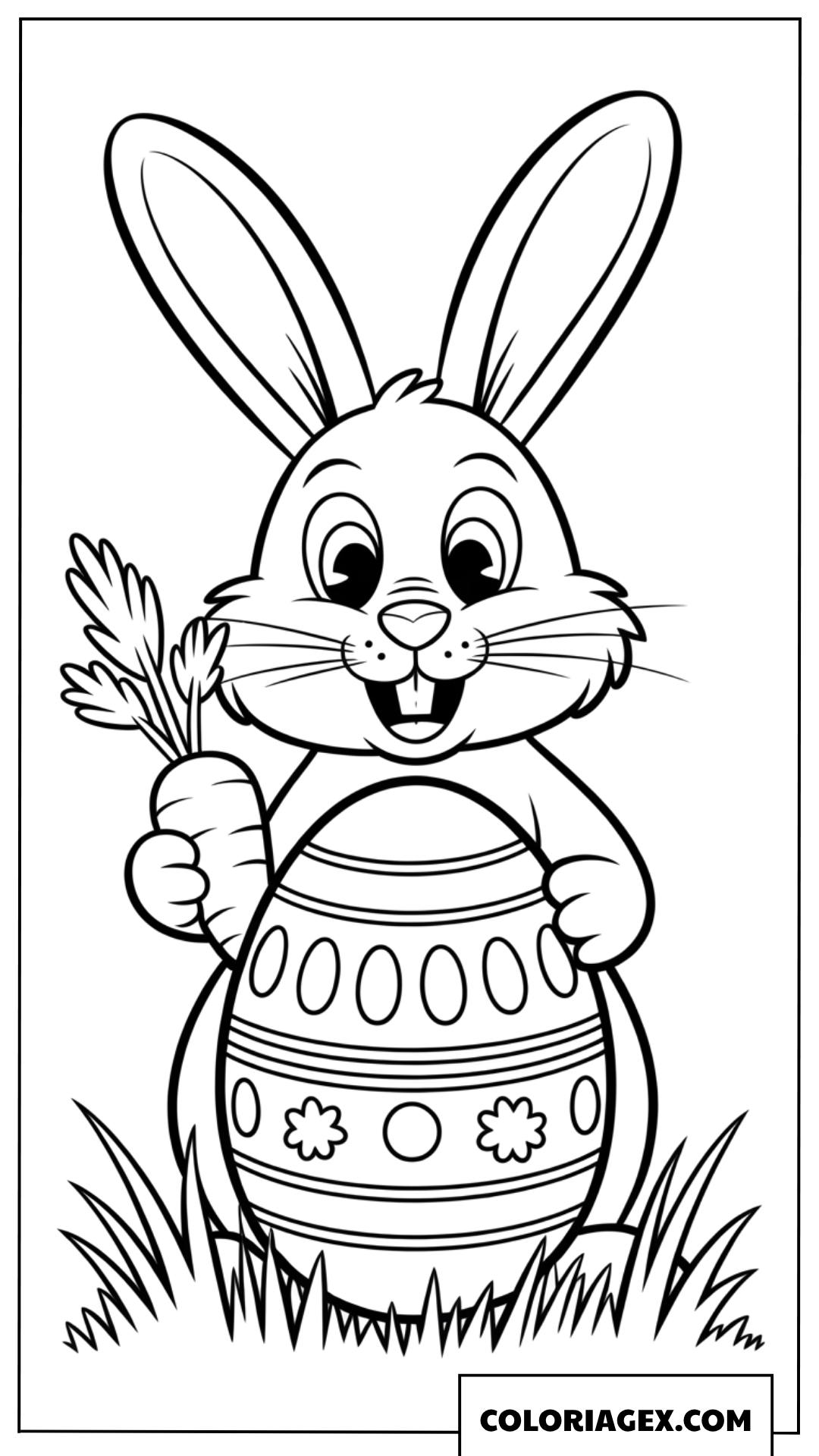 Coloriage d'un lapin de Pâques tenant une carotte et un œuf