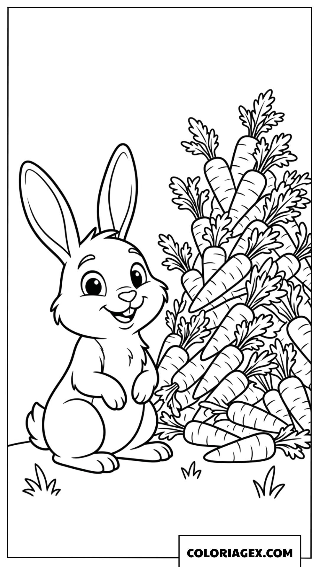 Coloriage d'un lapin heureux à côté d'une pile de carottes
