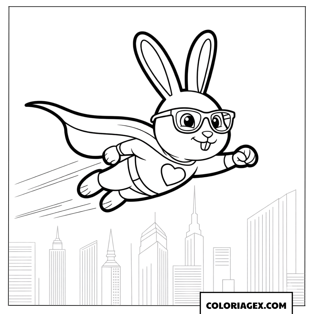 Coloriage d'un lapin superhéros volant dans le ciel