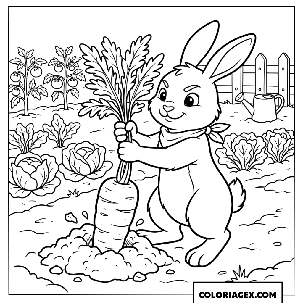 Coloriage d'un lapin travailleur récoltant des carottes