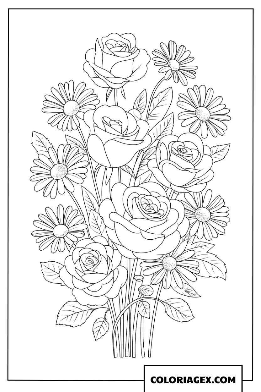 Coloriage d'un magnifique bouquet de roses et de marguerites
