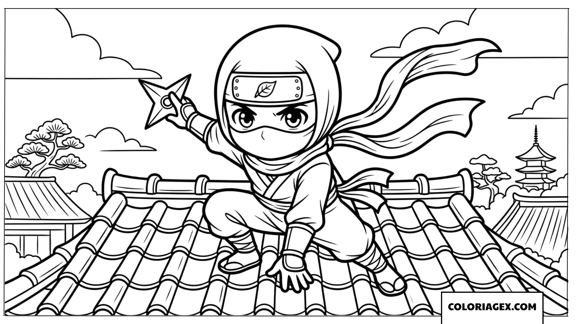 Coloriage dun ninja chibi accroupi sur un toit traditionnel