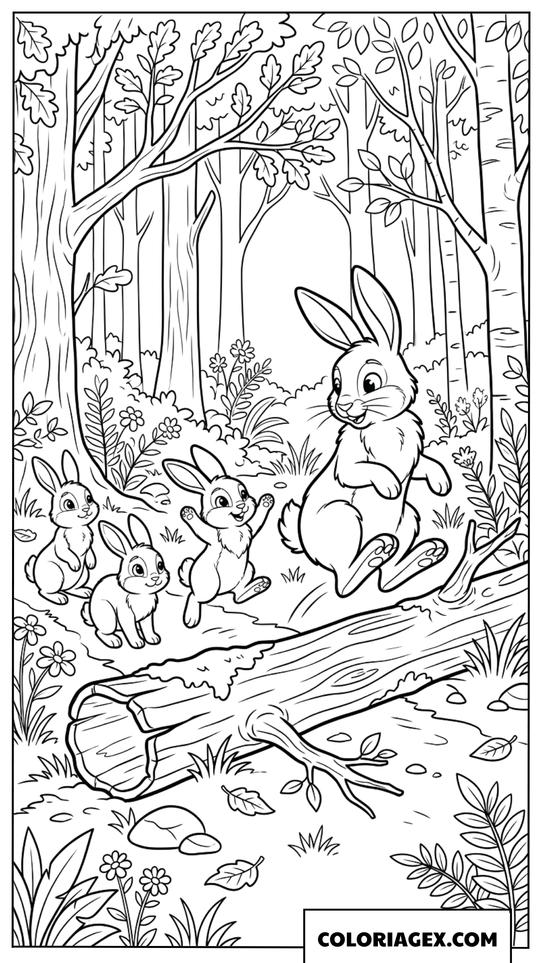 Coloriage d'un papa lapin apprenant à ses petits à sauter
