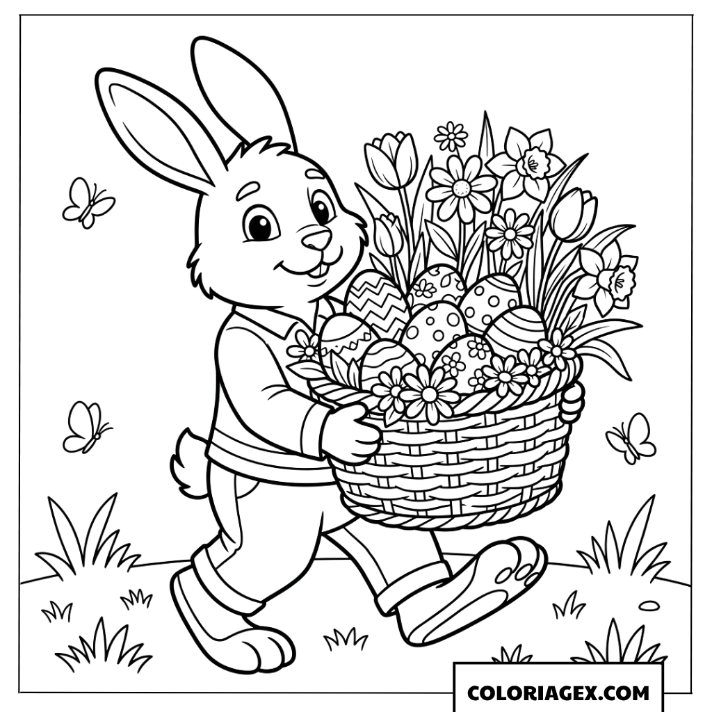 Coloriage d'un papa lapin portant un panier d'œufs de Pâques