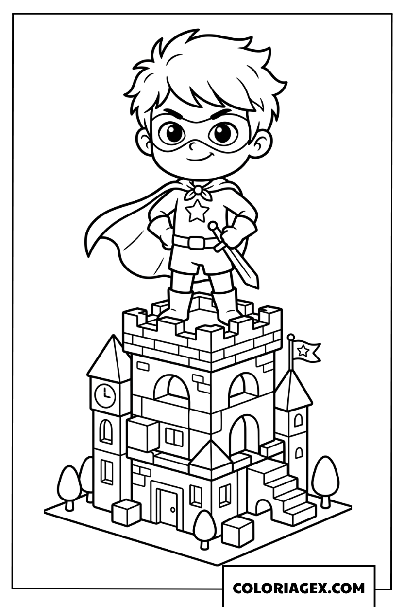 Coloriage dun petit hero chibi sur un chateau
