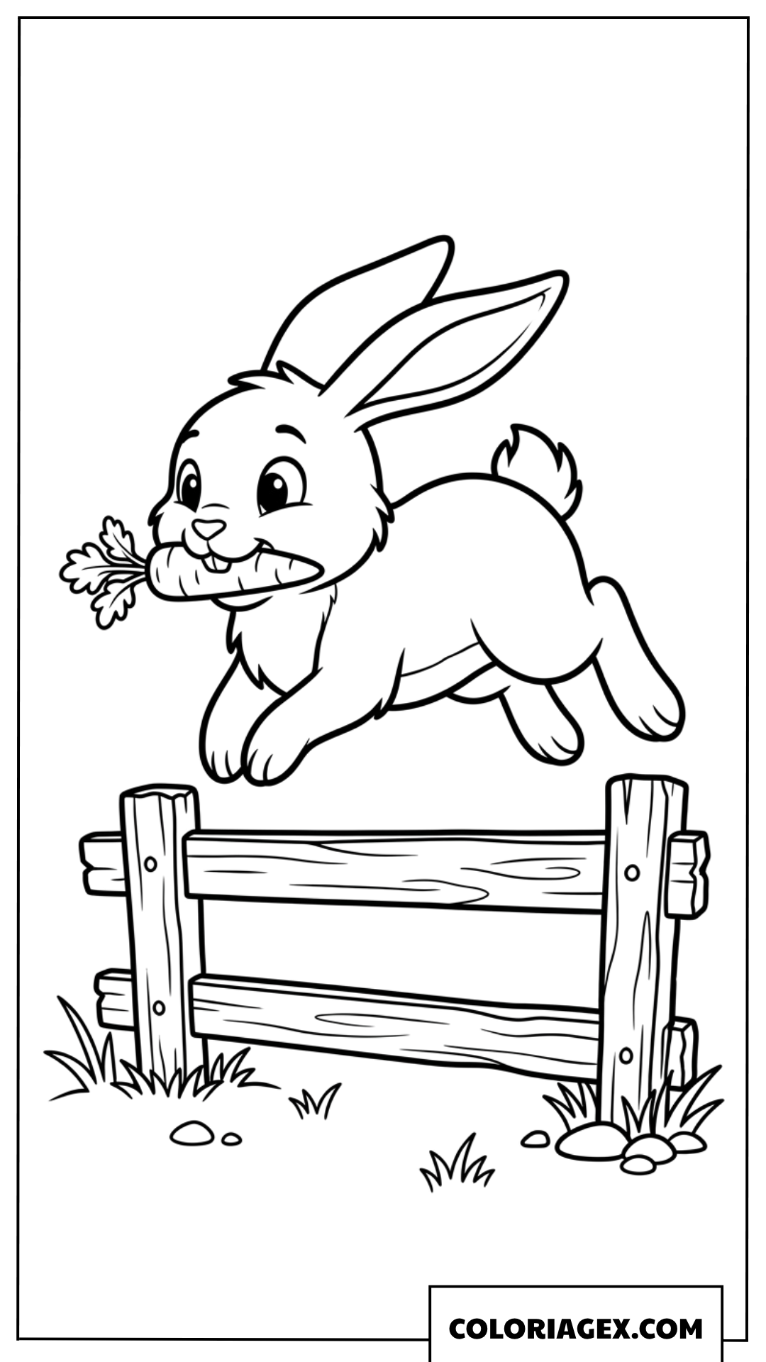 Coloriage d'un petit lapin sautant par-dessus une clôture en bois