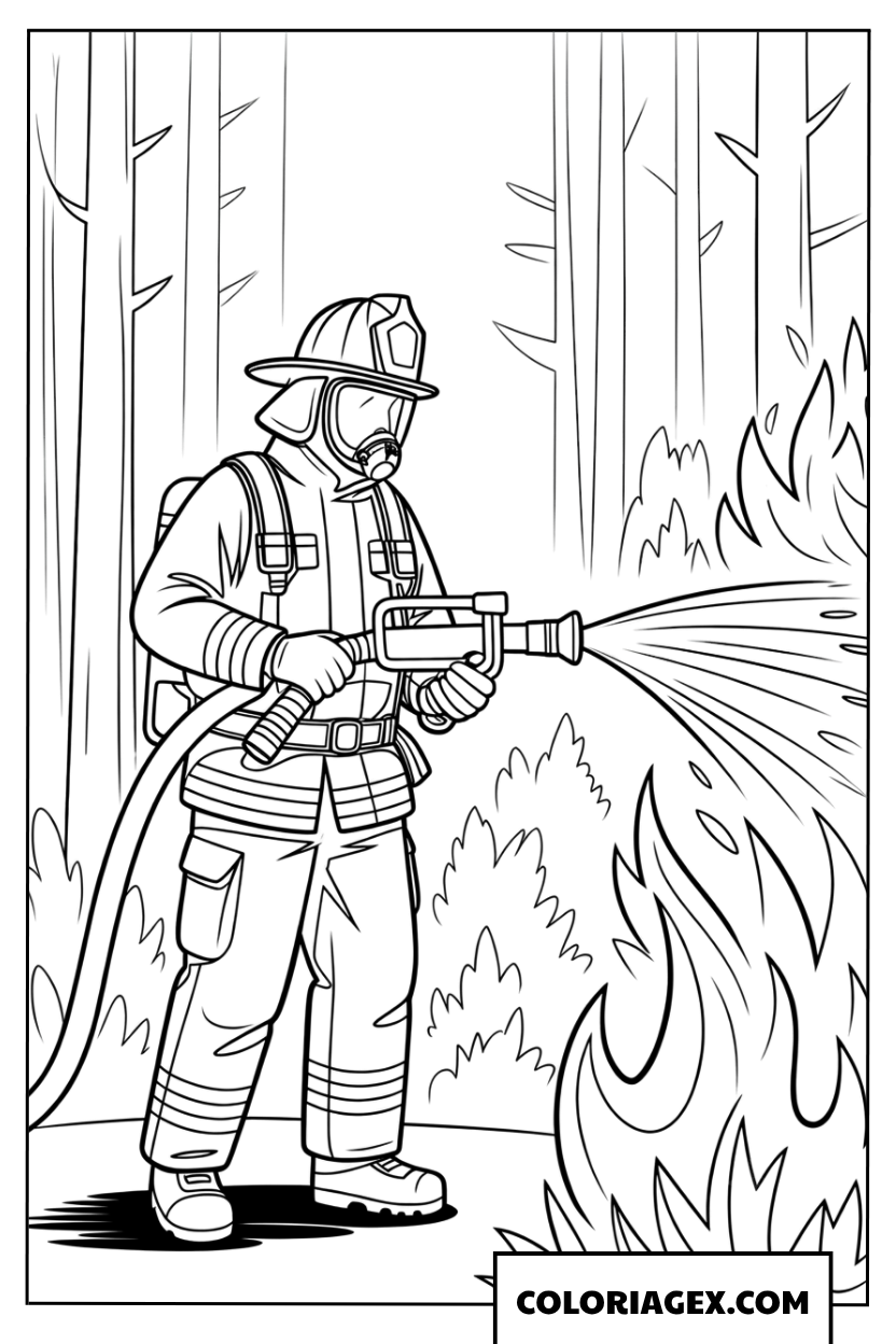 Coloriage dun pompier en action face au feu de foret