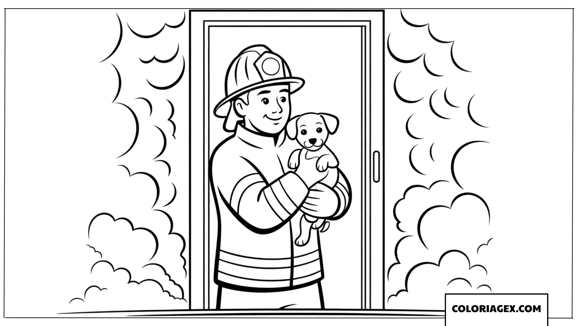 Coloriage dun pompier portant un chiot en securite