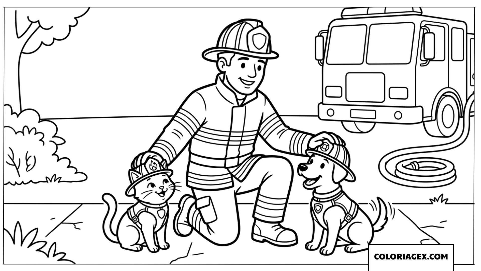 Coloriage dun pompier qui caresse un chat et un chien