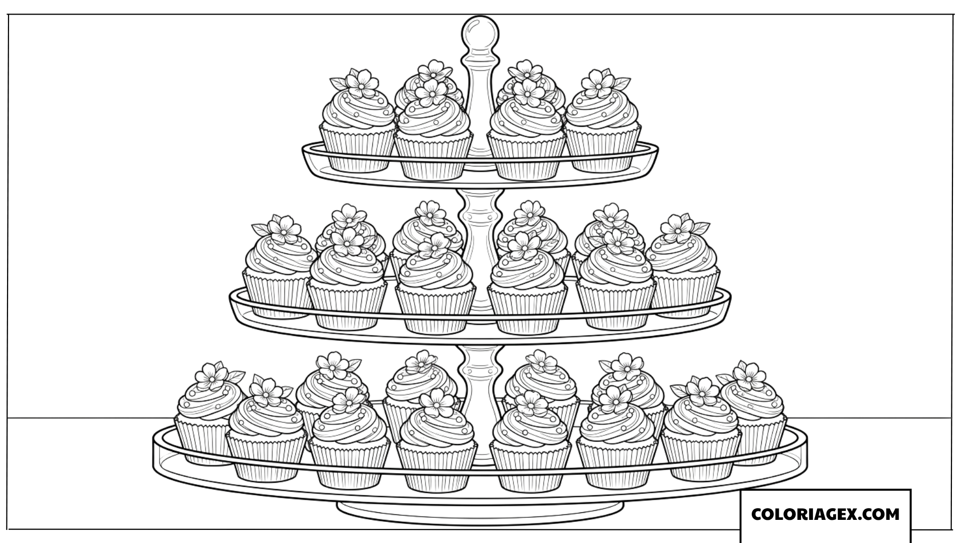 Coloriage d'un presentoir de cupcakes fleuris