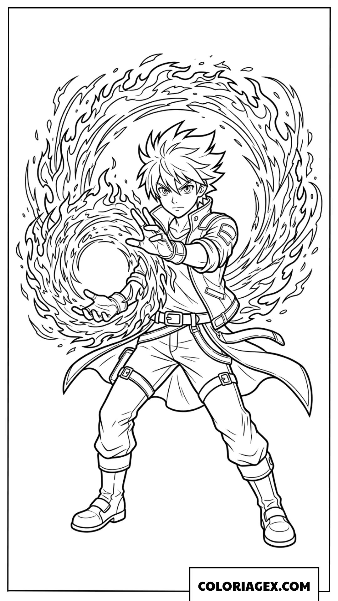 Coloriage d'un protagoniste anime invoquant une aura de feu
