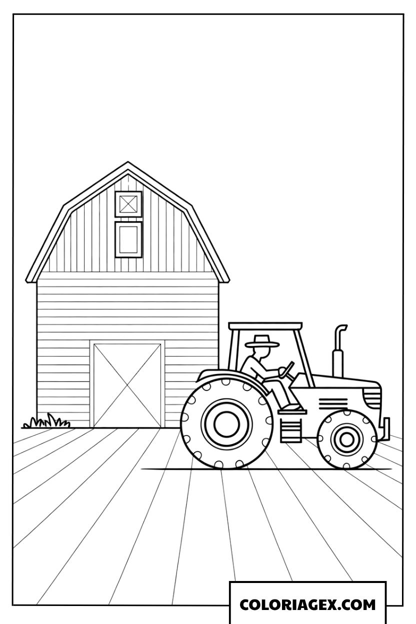 Coloriage dun tracteur agricole devant une grange