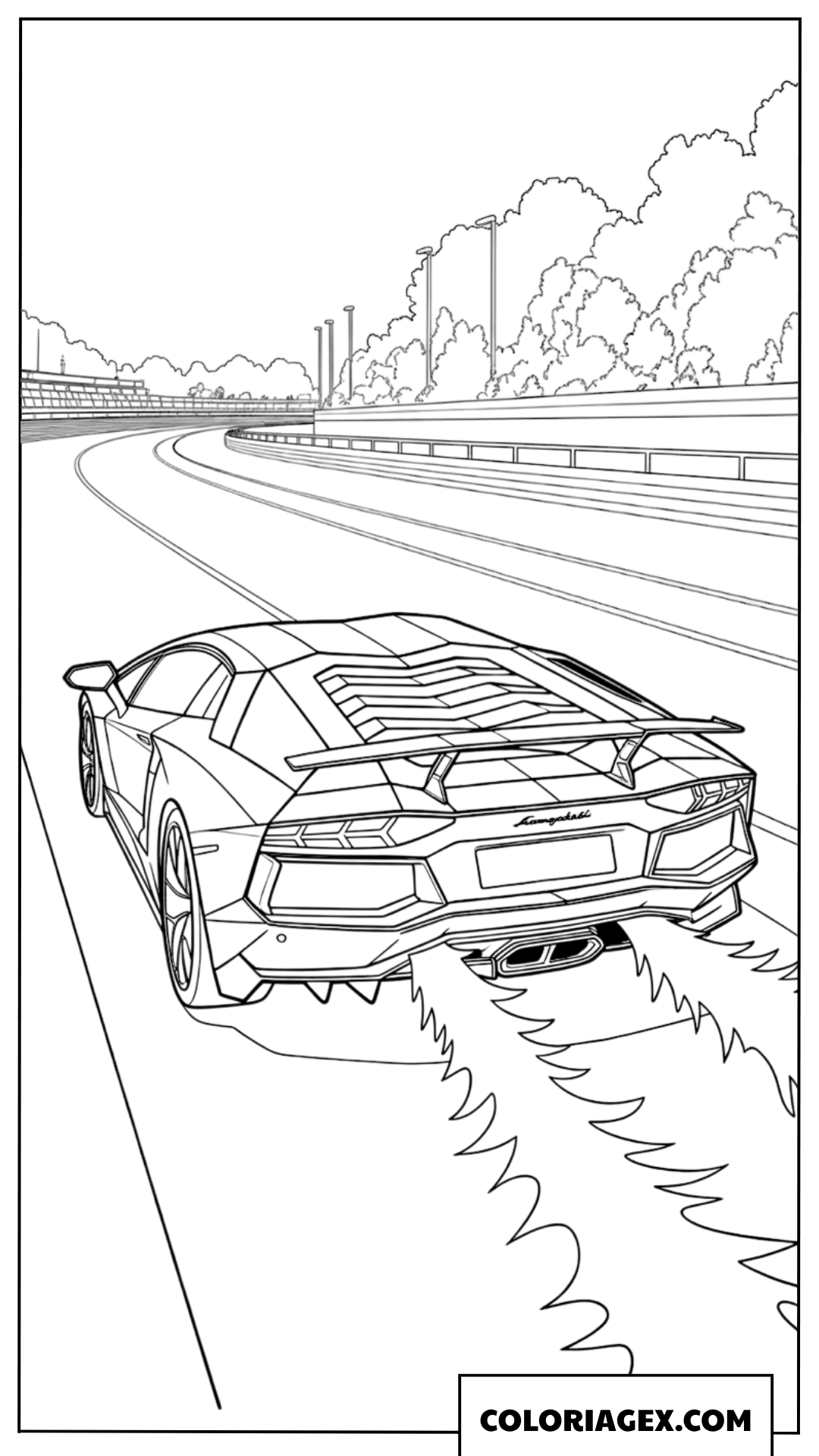 Coloriage d'une Lamborghini Aventador en pleine accélération