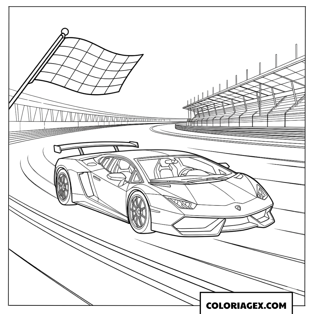 Coloriage d'une Lamborghini franchissant la ligne d'arrivée