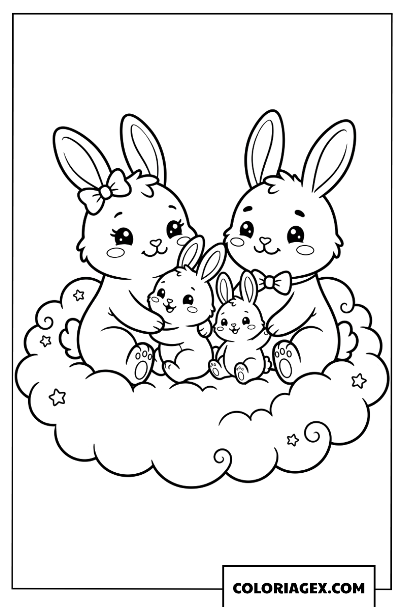 Coloriage d'une adorable famille de lapins assise sur un nuage
