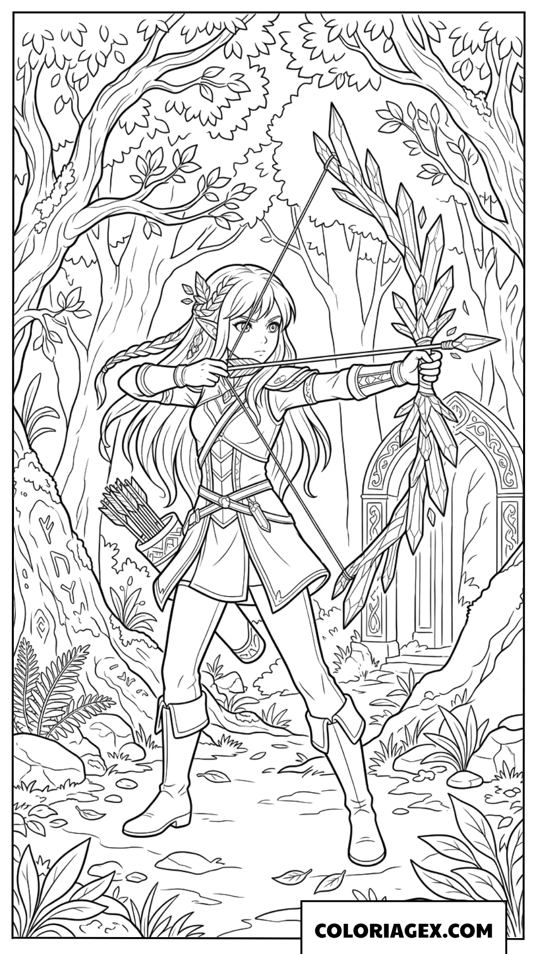 Coloriage d'une archère fantastique visant avec son arc
