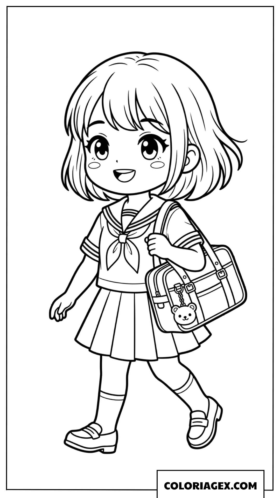 Coloriage dune écolière chibi joyeuse sur le chemin