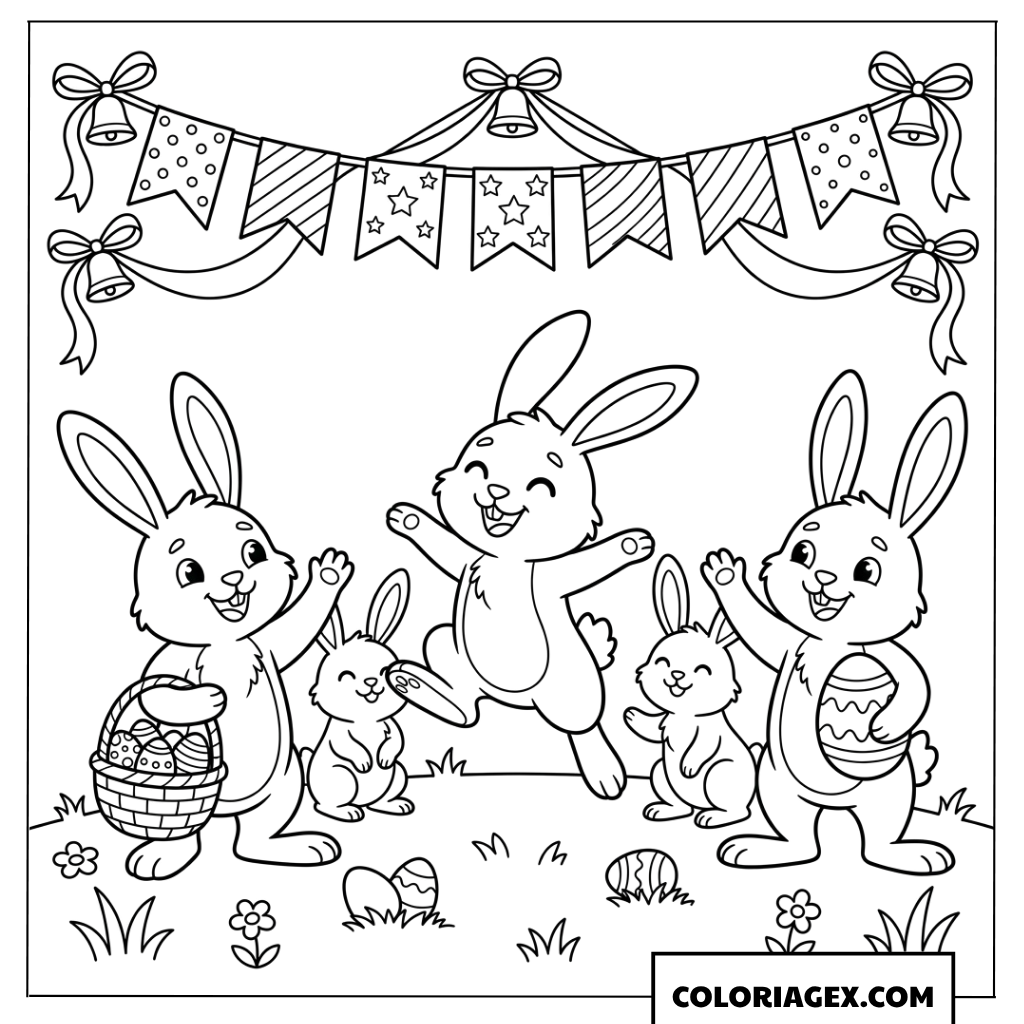 Coloriage d'une famille de lapins célébrant joyeusement Pâques