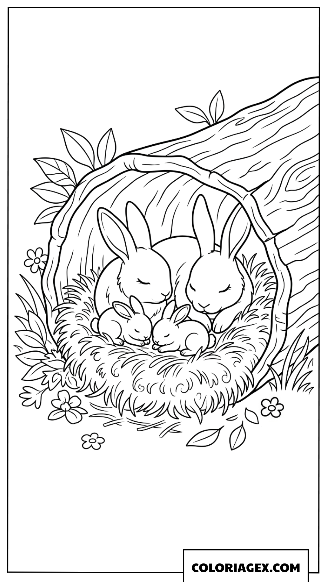 Coloriage d'une famille de lapins dormant paisiblement dans une bûche