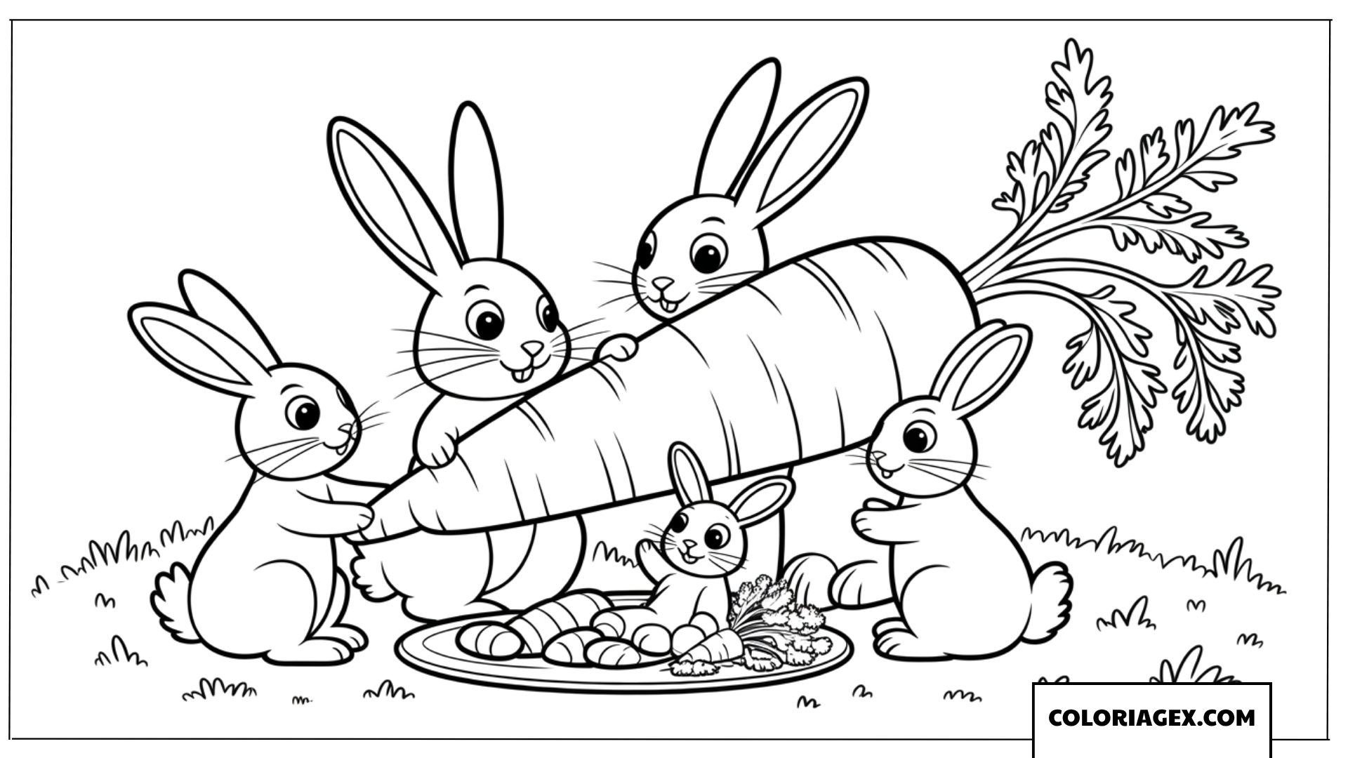 Coloriage d'une famille de lapins en plein pique-nique aux carottes