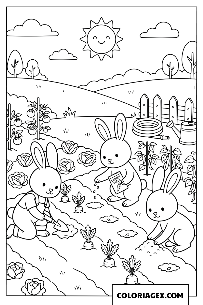 Coloriage d'une famille lapin travaillant au potager de carottes
