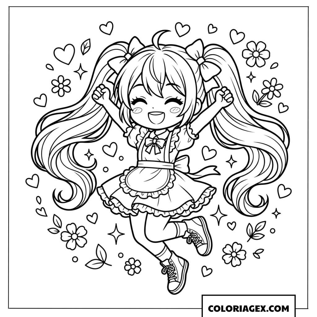 Coloriage dune fille chibi bondissant de joie